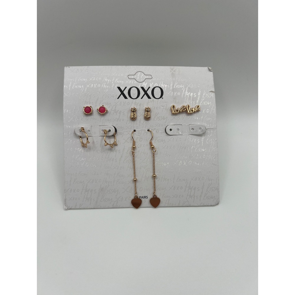 XOXO Gold Tone Earring Set 5 Pairs Pineapple Love Heart Dangle Hoop Studs Pink